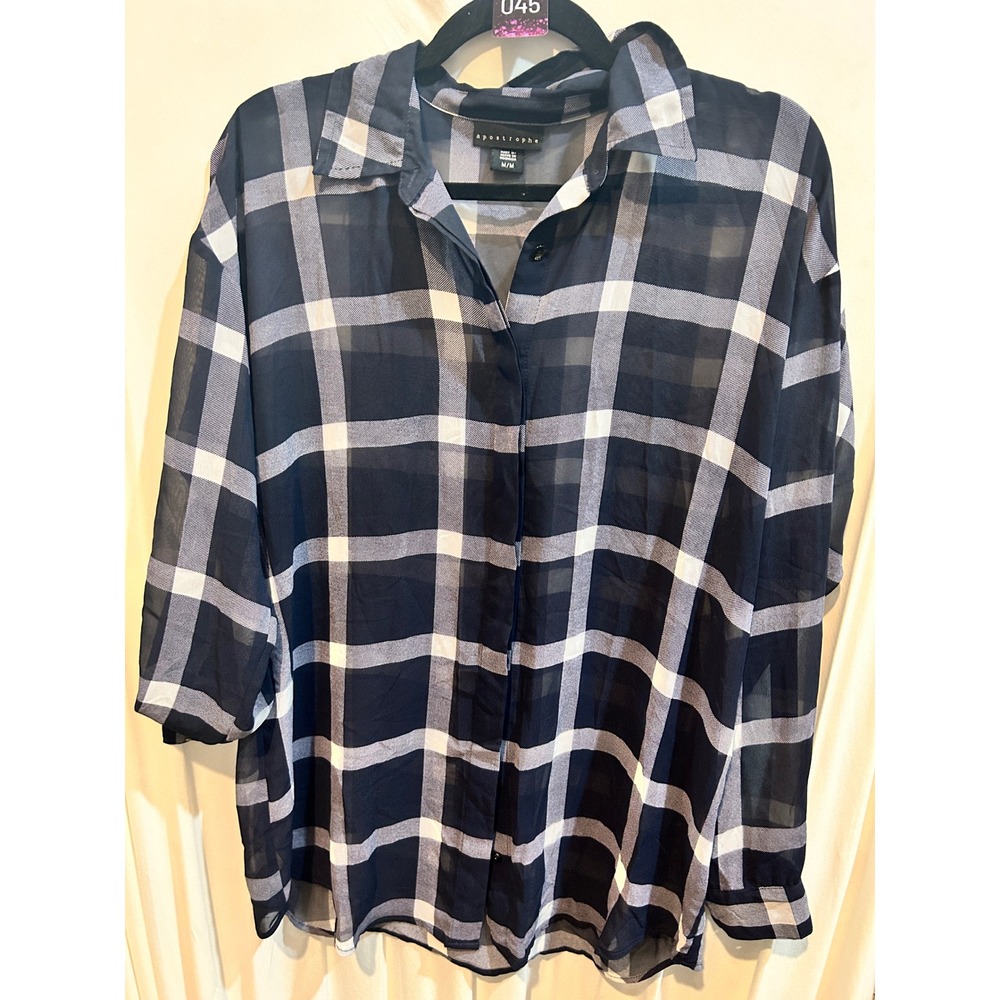 Apostrophe‎ Plaid Button Down Top Womens Medium Sheer Black White Blouse